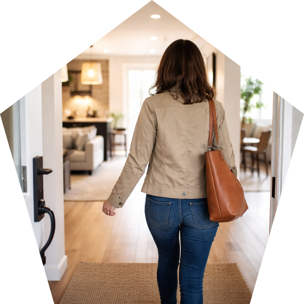 Person walking into builder model home alone